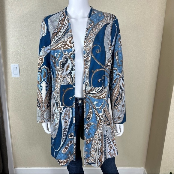 Chicos Faux Suede Jacket Paisley Sz 1 US 8 Medium Blue Beige Open Front Duster - Picture 5 of 15